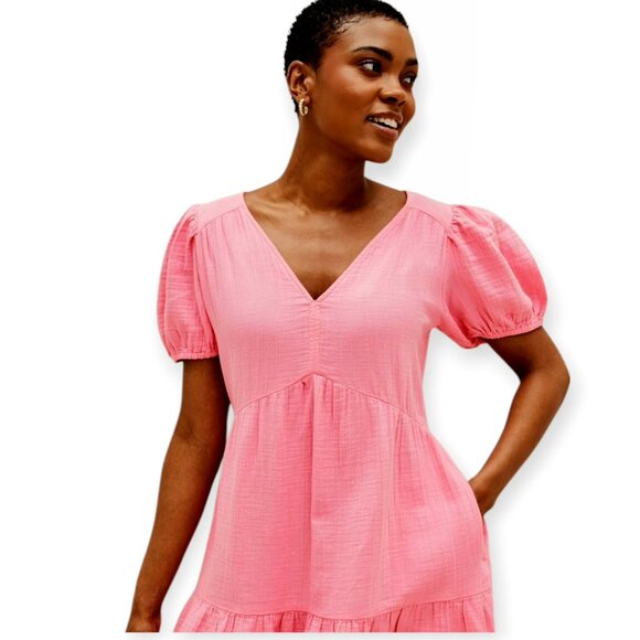 Gap barbiecore bubblegum pink crinkle gauze puff sleeve mini dress size M - Picture 3 of 13